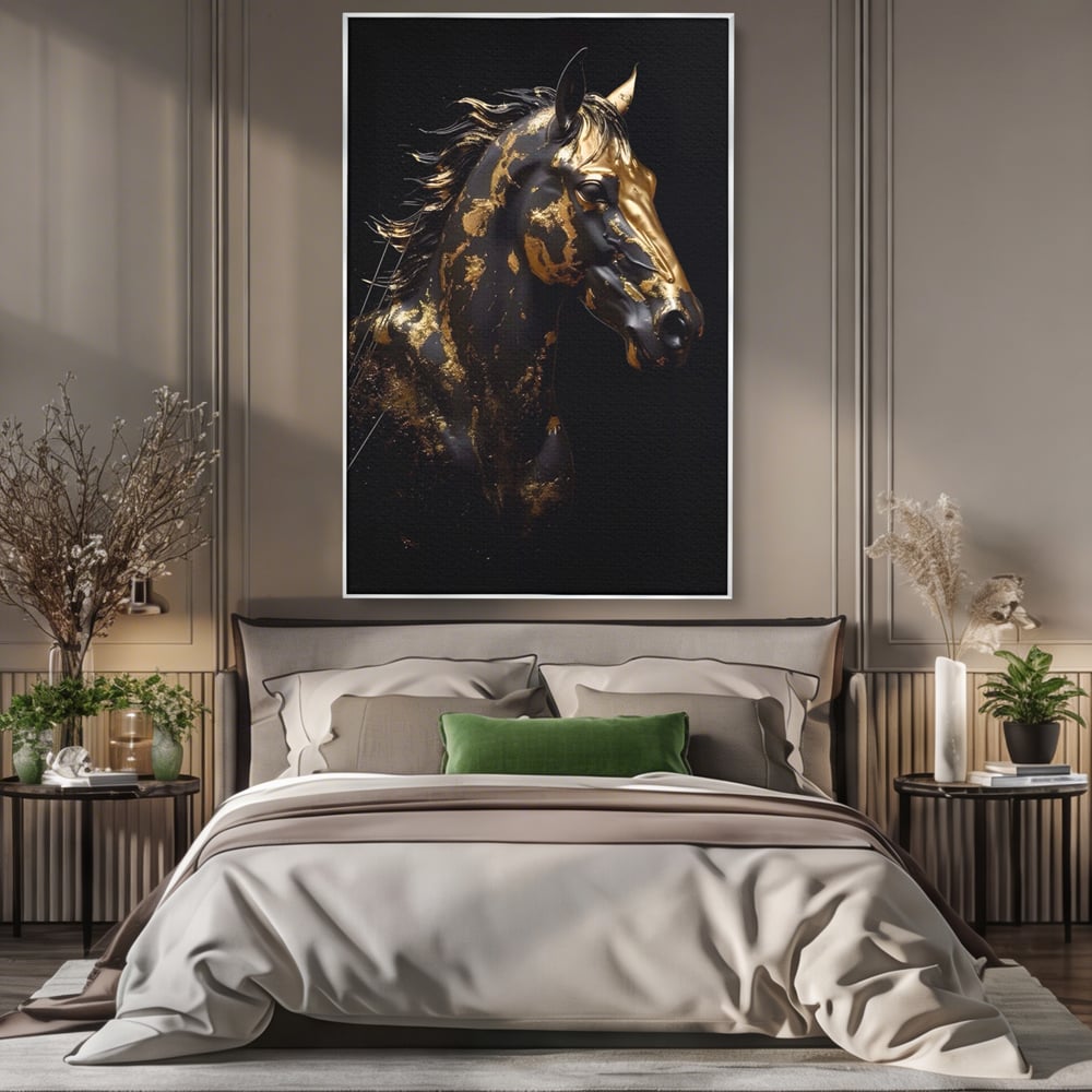 Tablou canvas cu tablou canvas cu un cal negru, in rama de aluminiu argintiu, pe perete intr-un dormitor